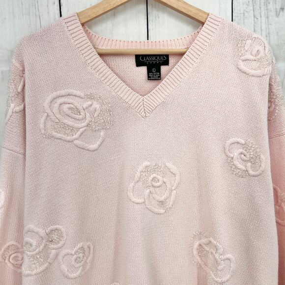 VINTAGE 90s LARGE Womens Pastel Pink Oversized Beaded Floral Sweater Clasiques - Picture 3 of 8